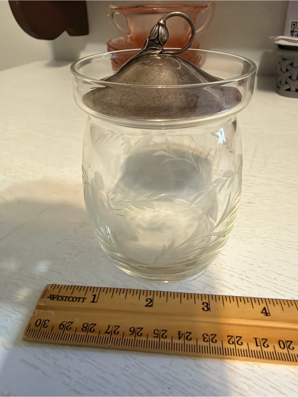 Vintage Clear Etched Jam Jar with Silver Tone Lid - Home Accents